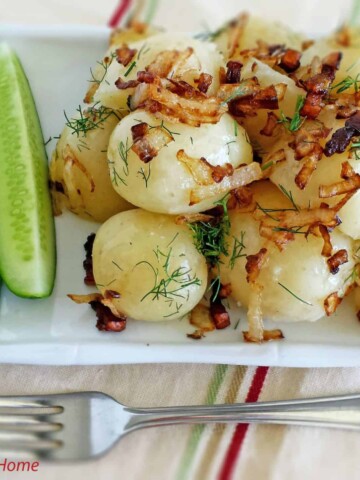 Young Potatoes with Caramelized Onion, Bacon and Dill