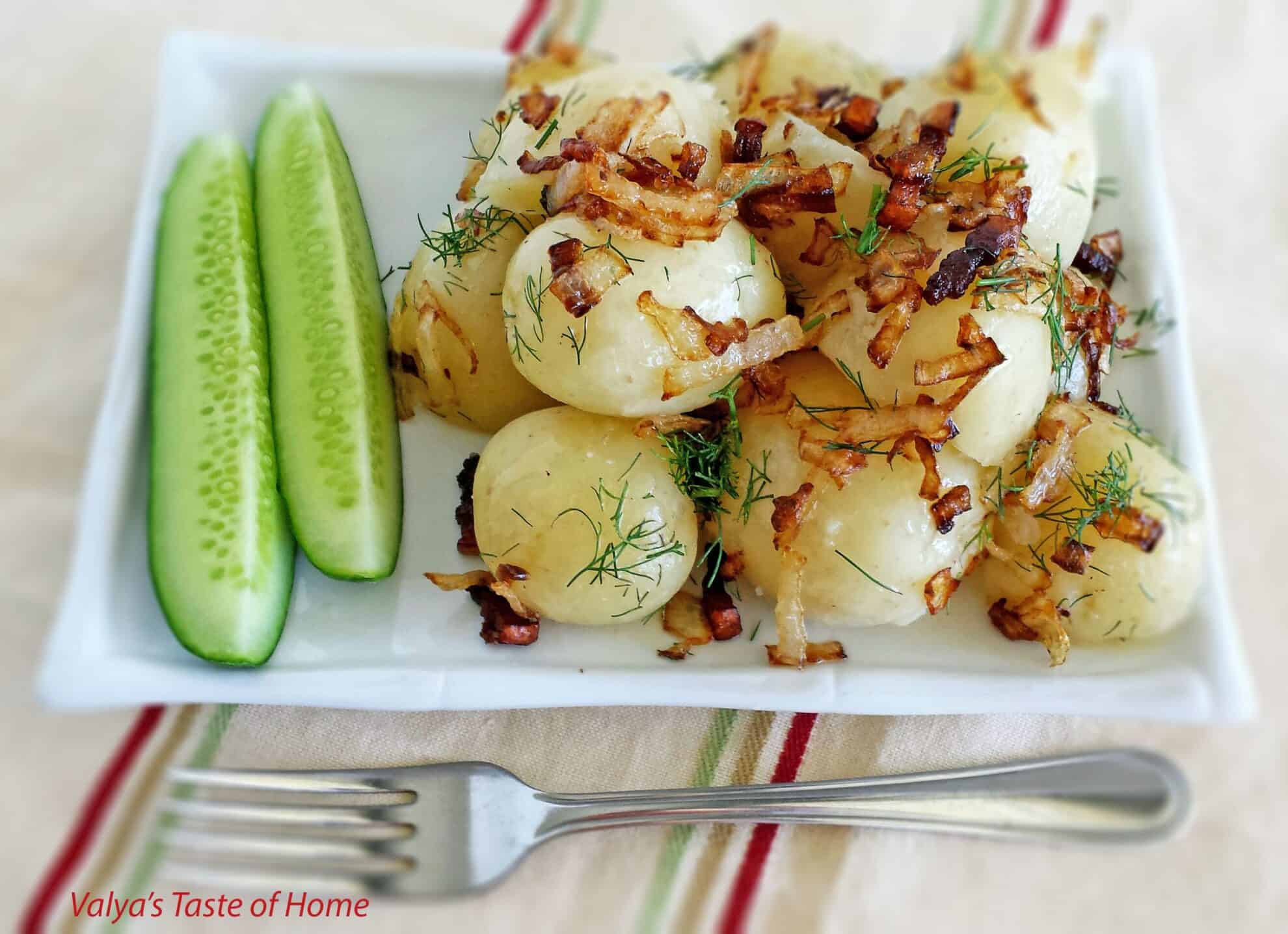 Young Potatoes with Caramelized Onion, Bacon and Dill