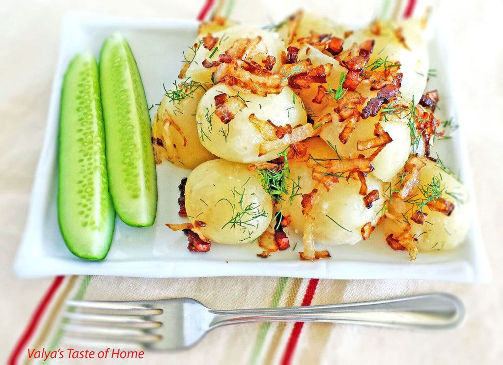 Young Potatoes with Caramelized Onion, Bacon and Dill