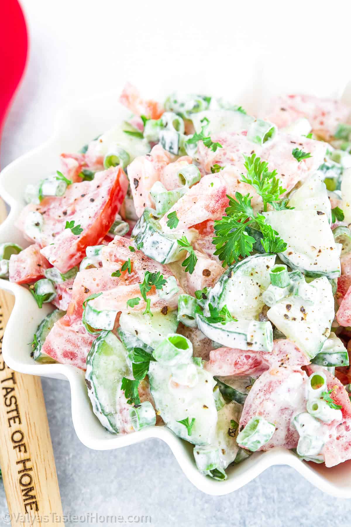 This creamy cucumber tomato salad is ready in no time and guarantees a burst of flavor in every bite.