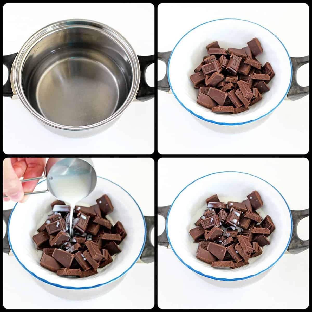 Use a serrated knife to chop the chocolate bar to small pieces (or brake into large chunks as shown in the picture) and add it into a bowl and then pour milk into the bowl.