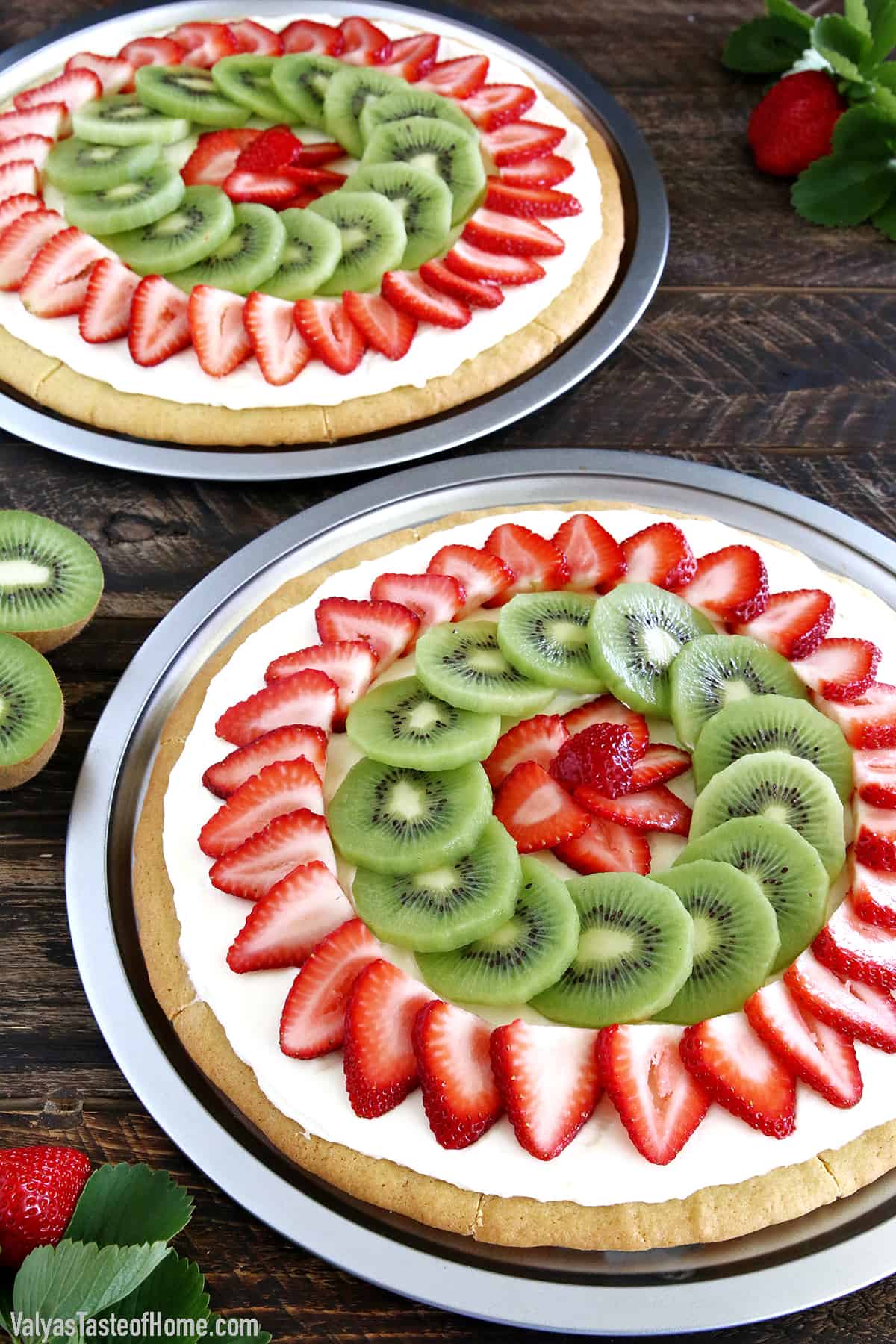 My recipe features a delicious combination of strawberries and kiwis on a cream cheese dessert pizza ‘sauce’ for the perfect balance of flavors. It’s my family’s favorite flavor combination and I’m sure you’re going to fall in love with it.