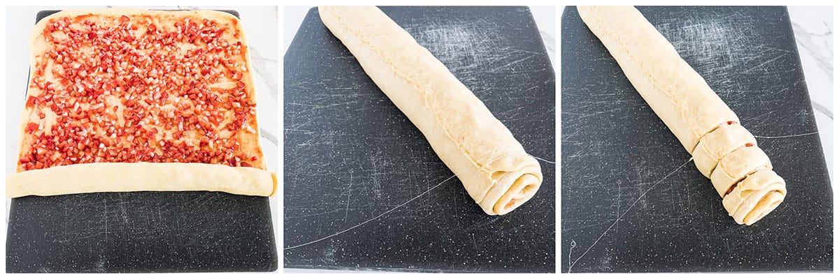 Place it onto a large cutting board with a lightly floured surface and roll the dough with a rolling pin into a large rectangle, about 16" X 20" inches. 