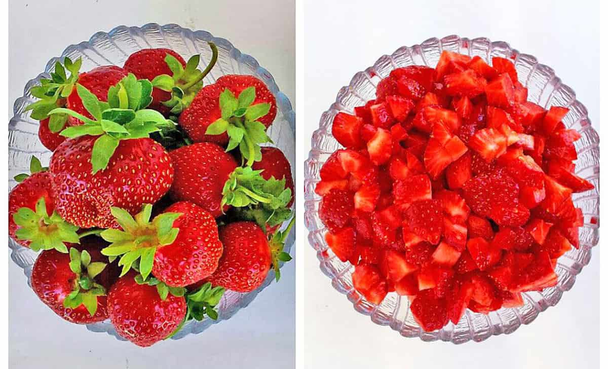 Thoroughly wash your strawberries and remove all the stems, then cut them into small pieces.
