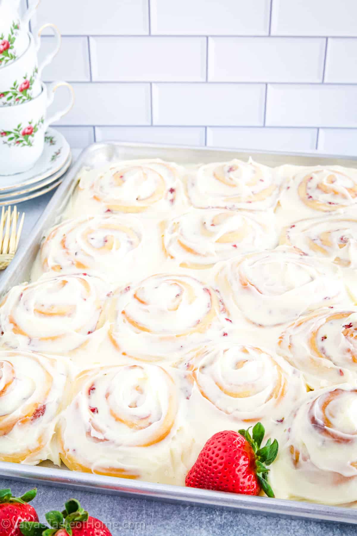 These Strawberry Cinnamon Rolls are a delicious twist to a classic we love, featuring cinnamon rolls with fresh strawberries and jam, topped with frosting!