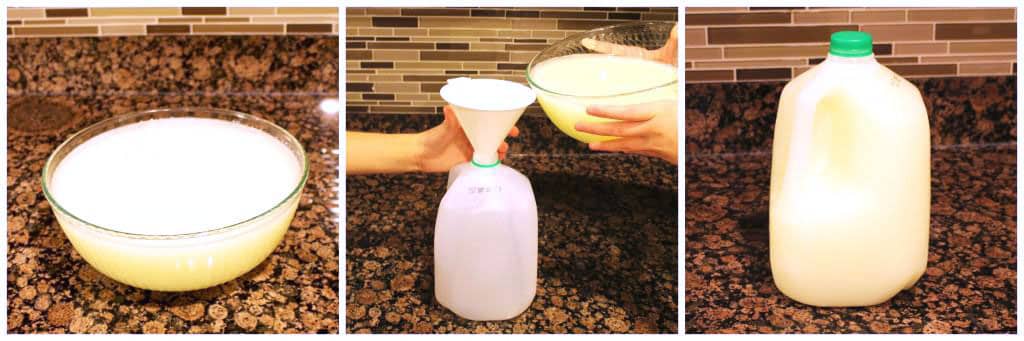 I collect the whey by pouring into an empty gallon bottle and storing it in the fridge for up to 2 weeks.