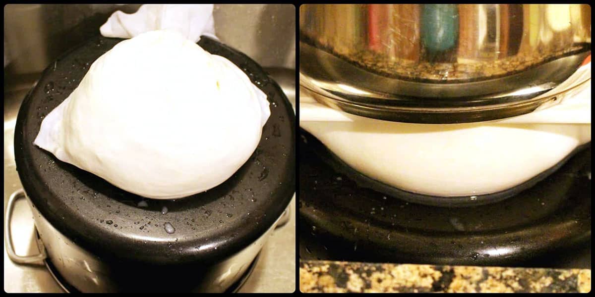 Flip the pot upside down into the sink, and then place cheese on top of the pot.