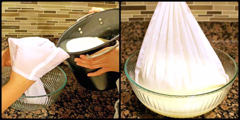 In the evening (or after 10 hours have gone by), line a colander or fine-mesh strainer with a cheesecloth and pour the milk through it to strain it.