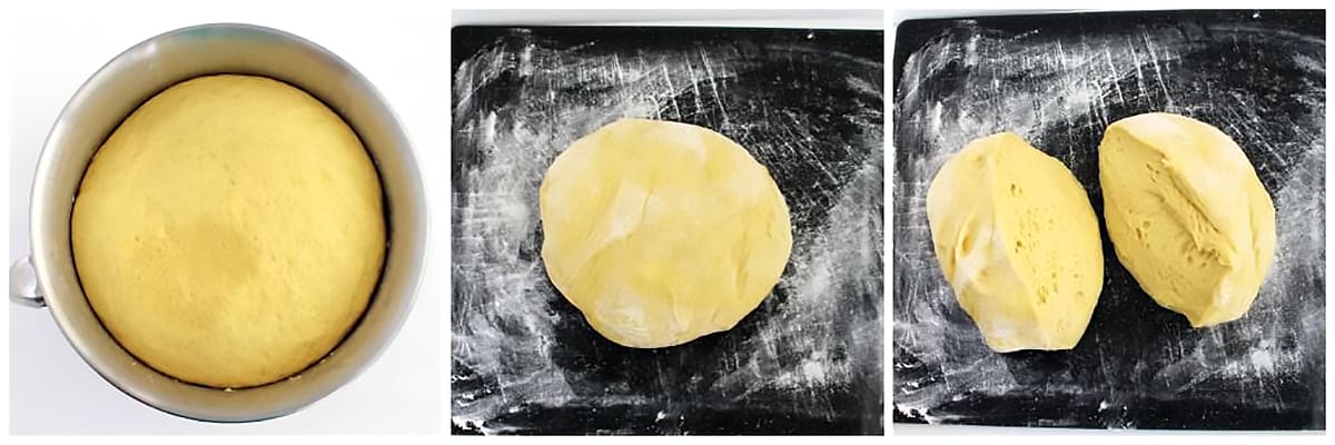 After the dough proofs, remove the dough from a bowl onto a lightly floured surface and split the dough in half.