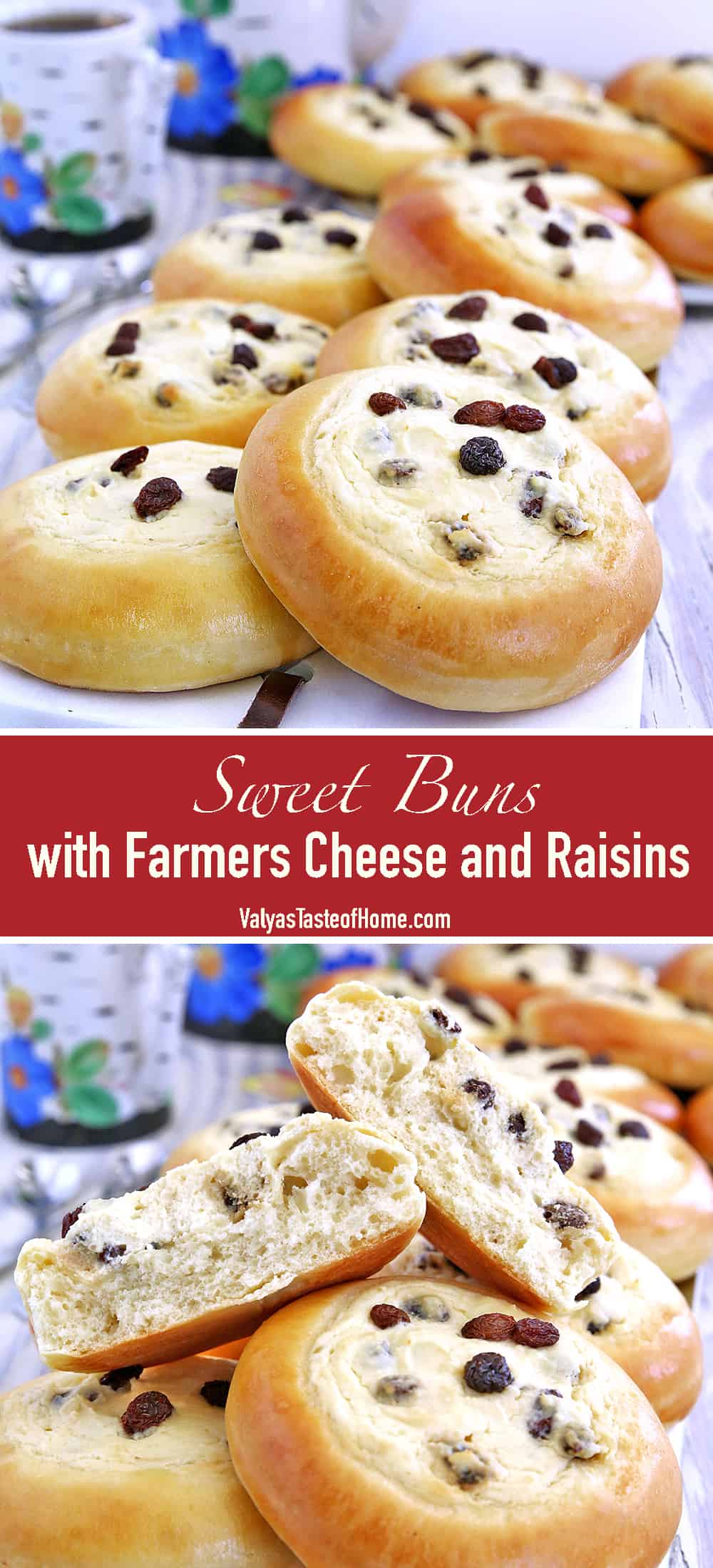 These Sweet Buns with Farmers Cheese and Raisins are made with a slightly sweet yeast dough that is topped with sweet farmer's cheese filling and is very popular in Eastern Europe.