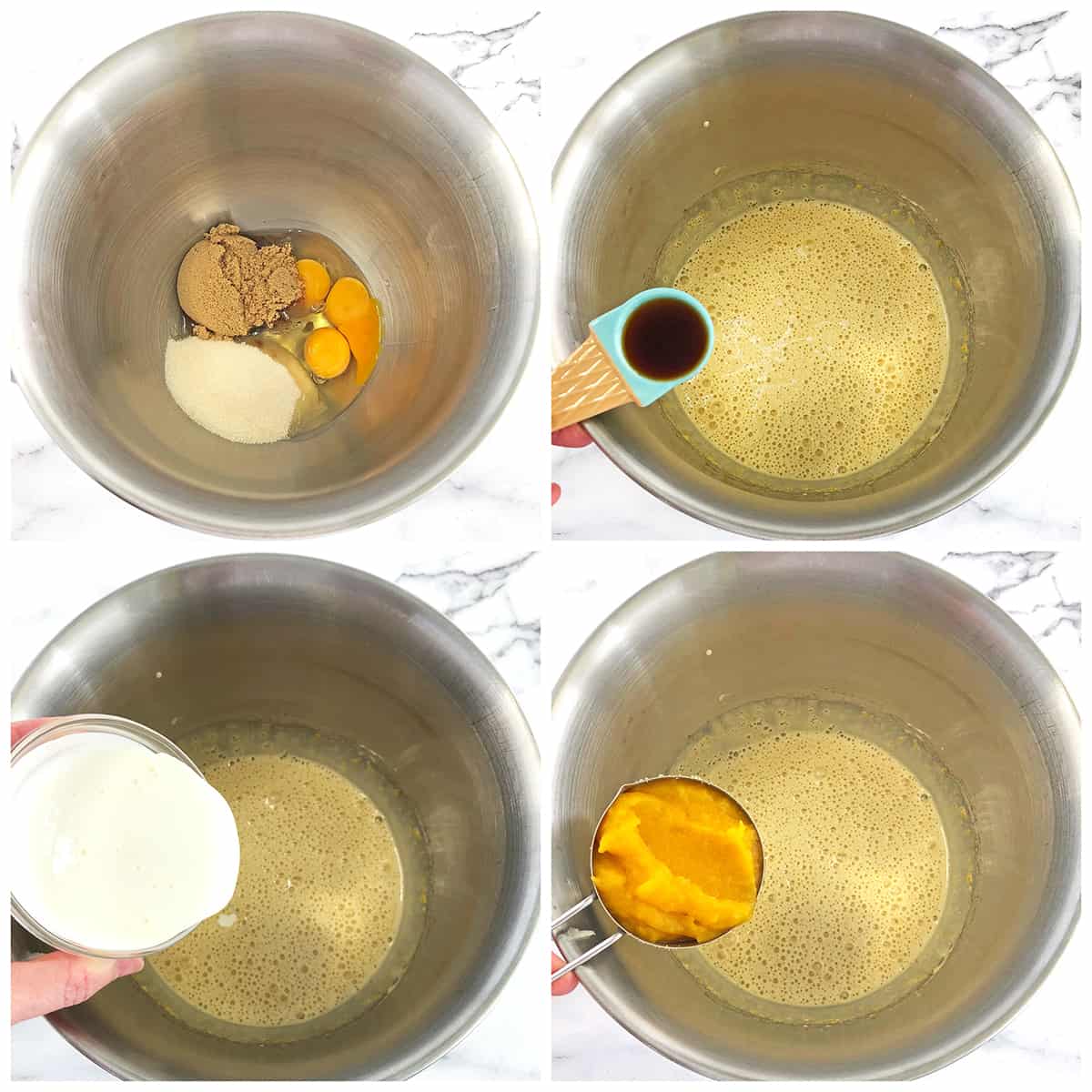 Beat eggs with brown and regular sugar for a couple of minutes on high speed. Then reduce the mixing speed to low and add vanilla, half & half, and pumpkin puree. 