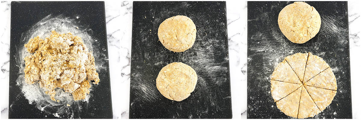 Place scones onto a baking sheet lined with parchment paper. Repeat the same instruction with the second half of the dough.
