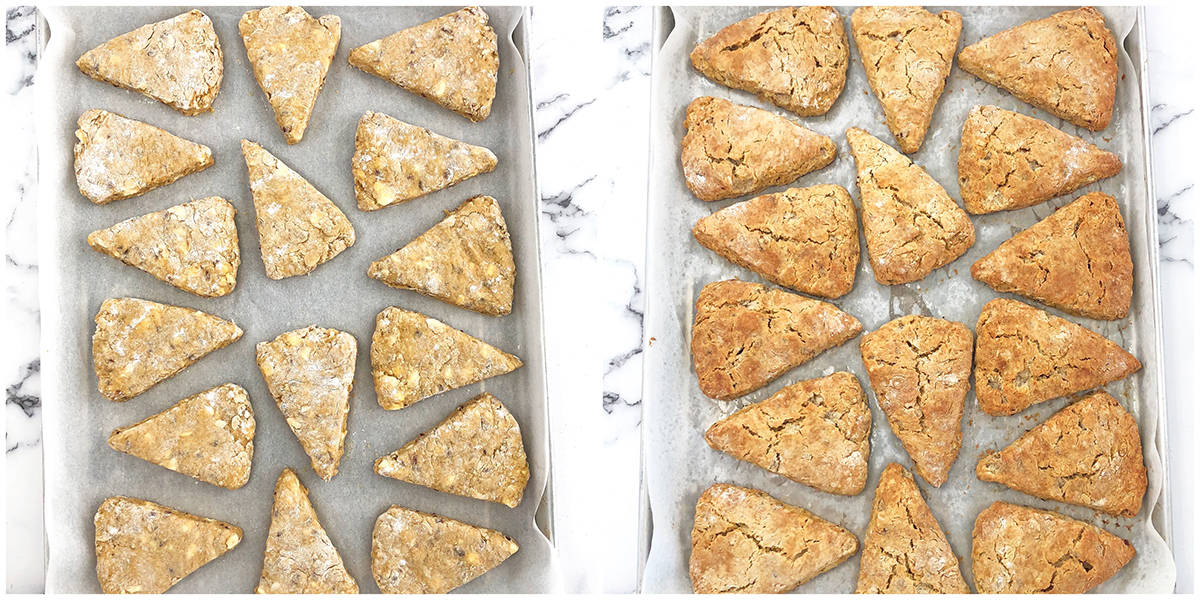 Bake scones in a preheated oven at 350 degrees F (180 C) for 25 minutes or until light golden brown in color.