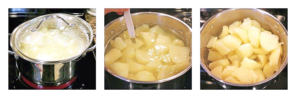 After about half an hour, or when you can easily slice through a potato with a knife, drain the potatoes.