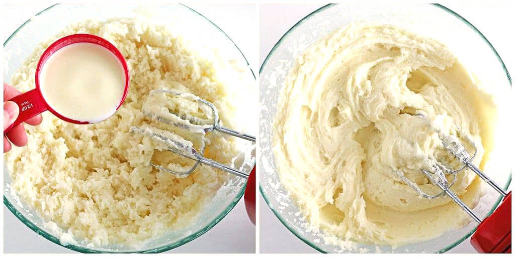 The final step is to add the hot heavy cream to the potatoes. Continue to beat the mixture for another two to three minutes.