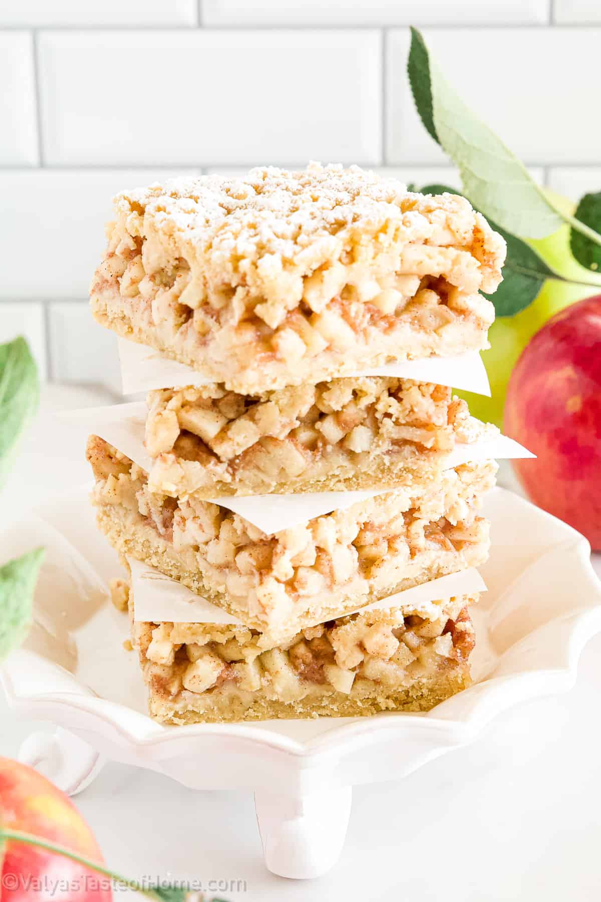 With a crumble bottom and top and shredded cinnamon apple mixture sandwiched in the middle. 