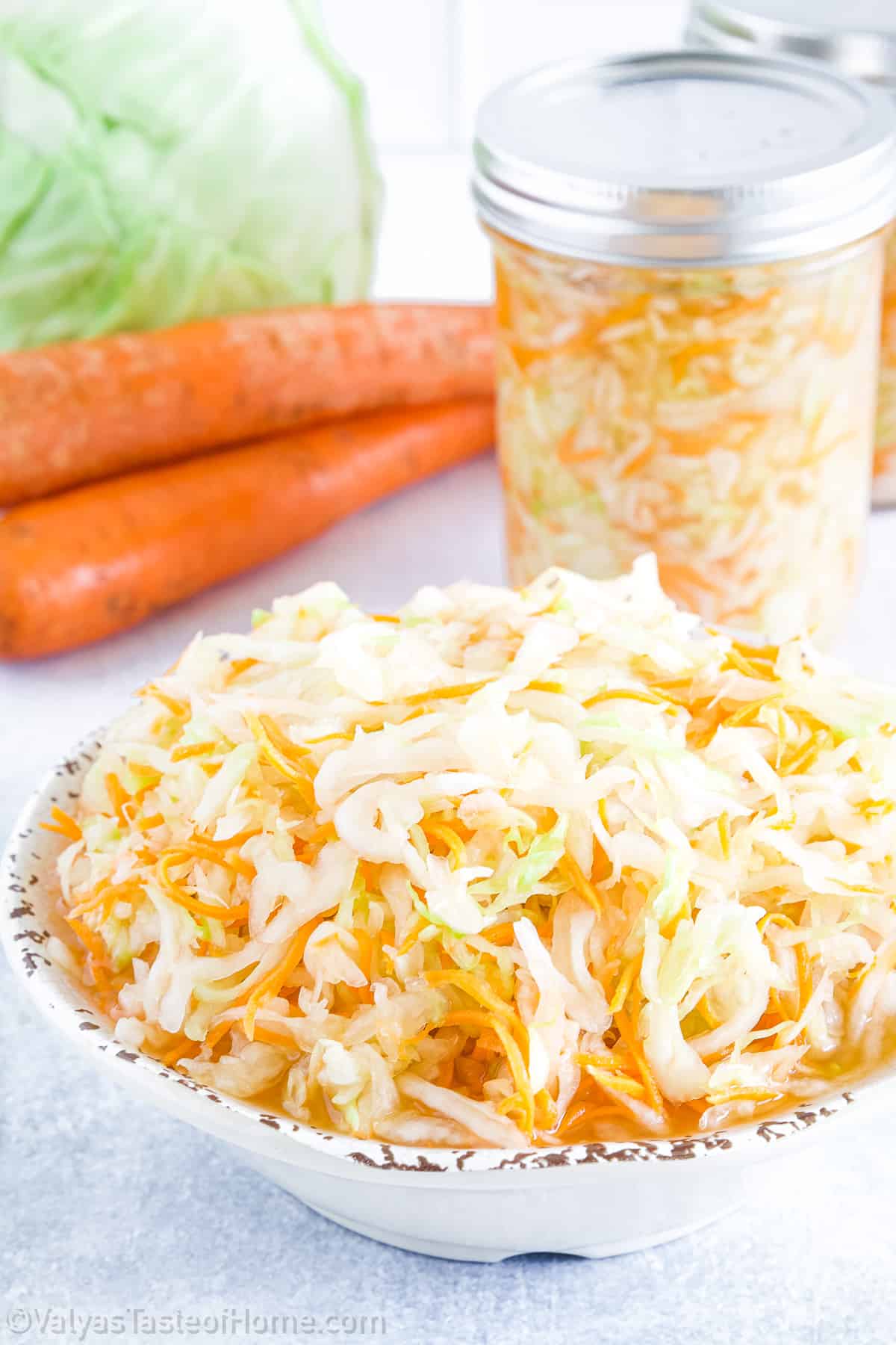 Made by shredding cabbage and carrots and adding just the right amount of salt, this dish is set to ferment, releasing its juices and creating a flavorful brine. 