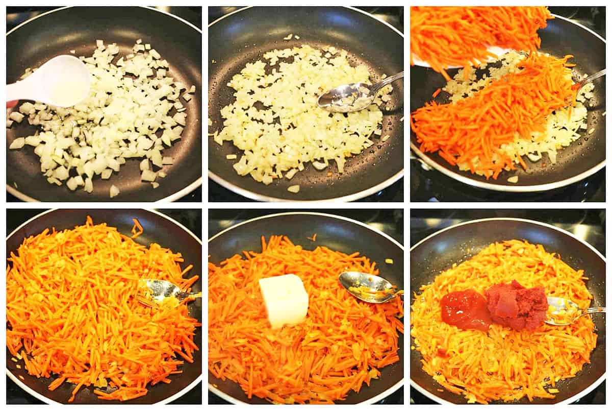 In a skillet, sauté onions in olive oil. Add shredded carrots and sauté for 5 minutes.