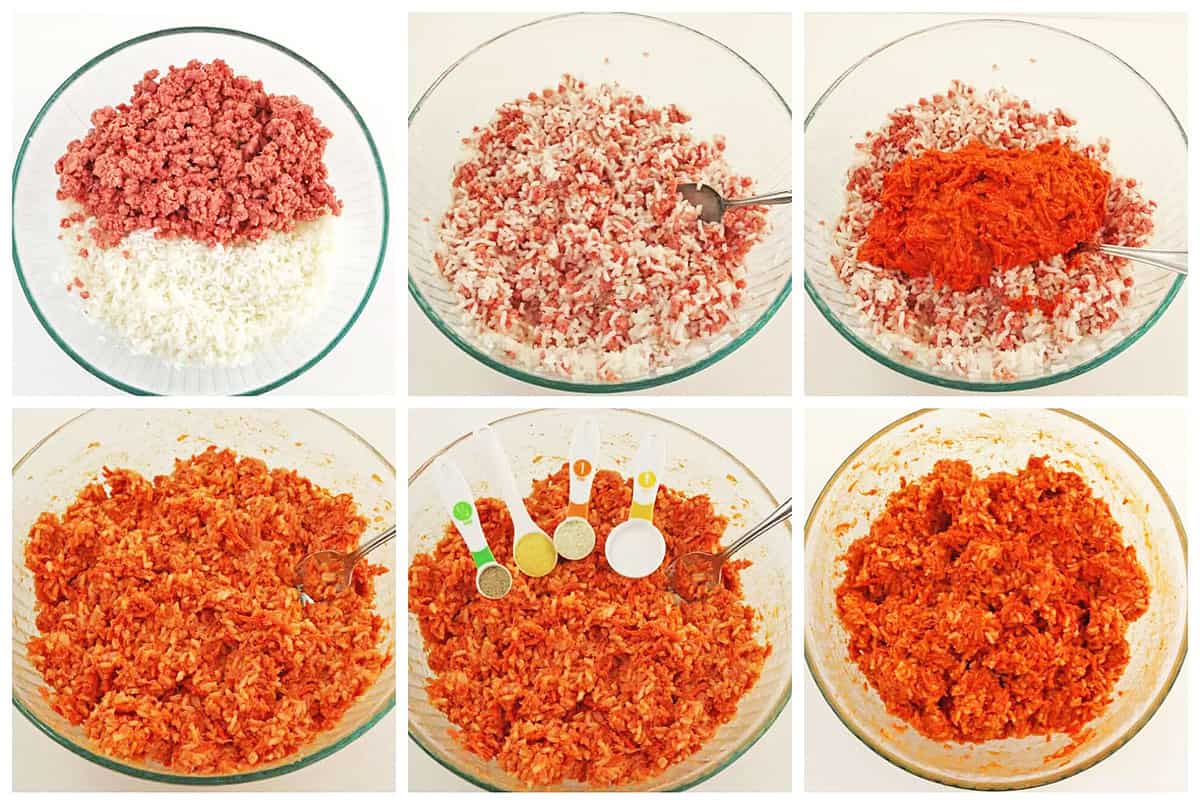 In a large bowl, mix the drained rice with ground beef.