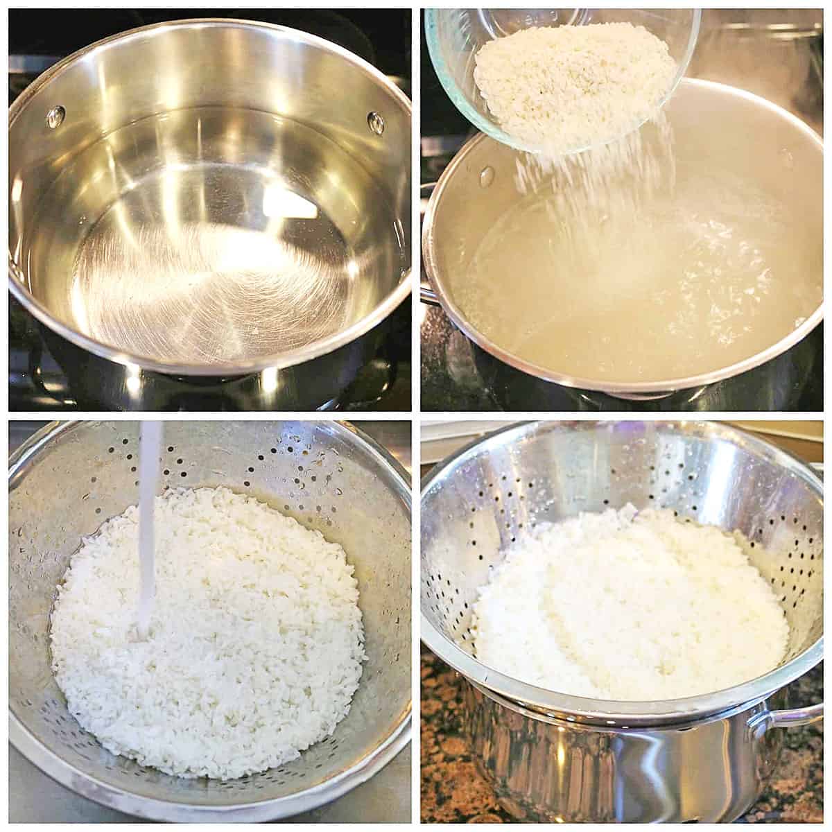 Cook rice in a large pot of boiling water.