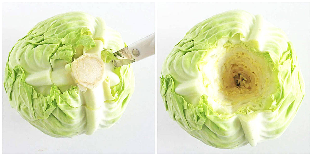 Peel off the top two leaves from the cabbage and cut out the core.