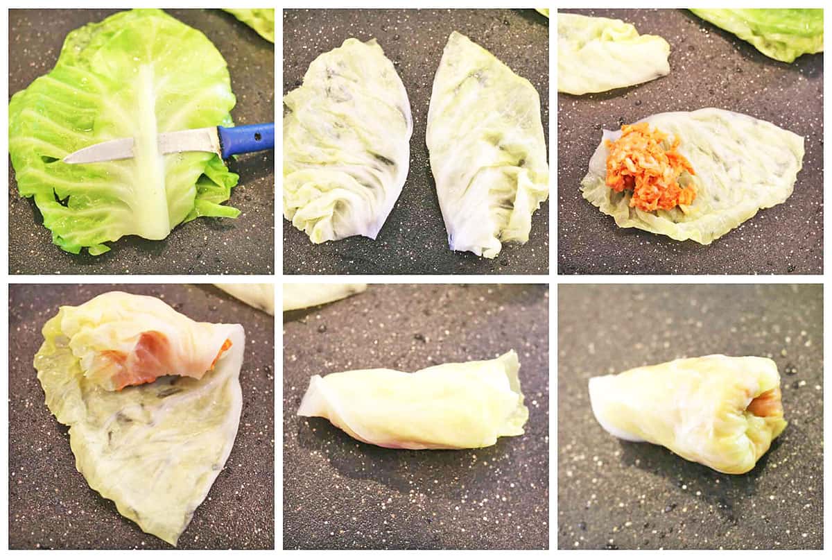Trim off the thick center of each cabbage leaf.
