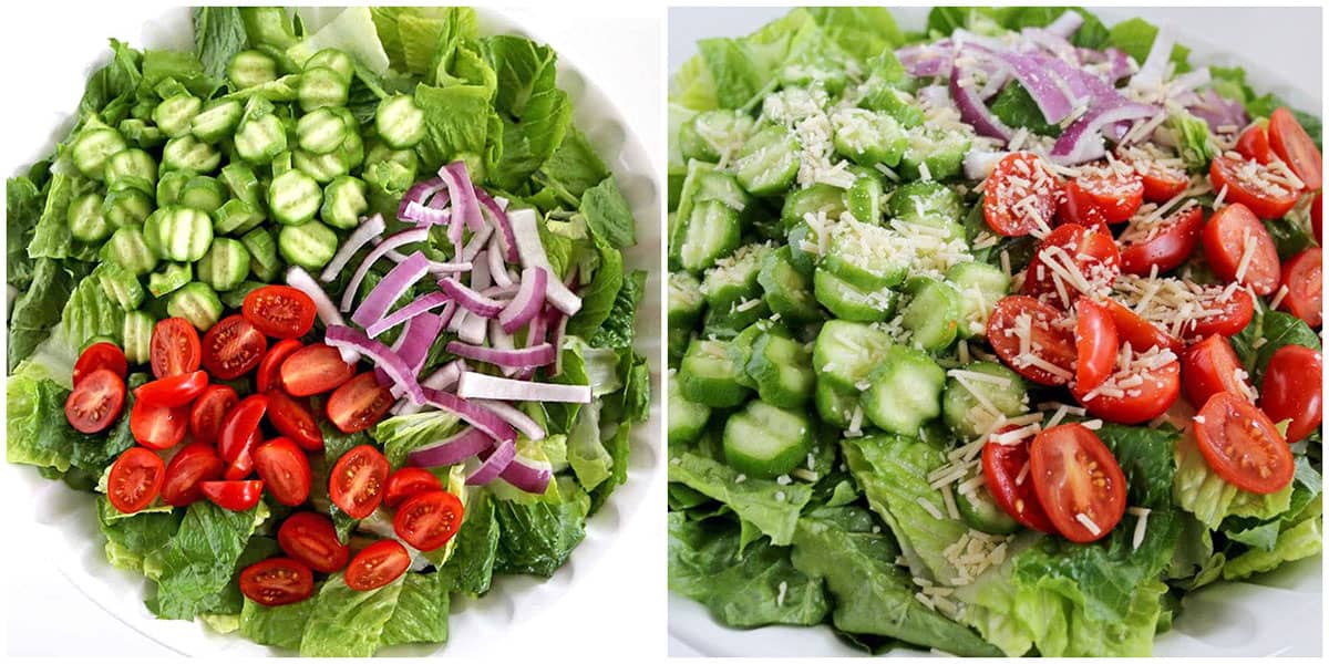 Place lettuce into a large bowl. Place all the vegetables on top of the romaine lettuce.