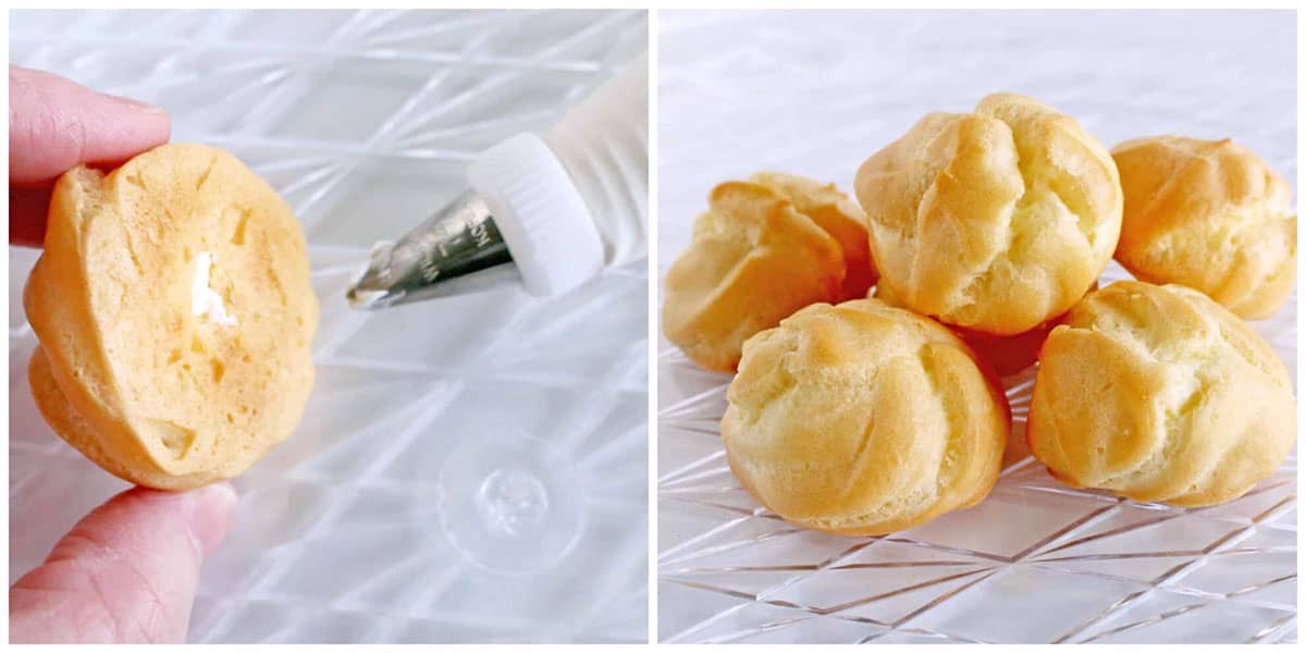 insert the tip decorator into the cream puff on the bottom side and squeeze the pastry cream in.