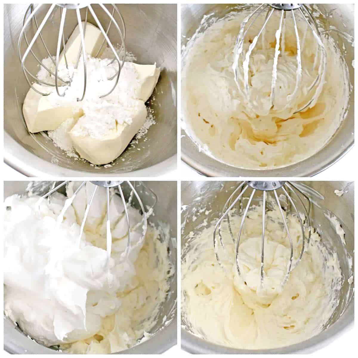 Add the whipping cream and beat it again until everything is well mixed. Scrape the sides and the bottom of the mixer bowl with a spatula and beat it for another minute.