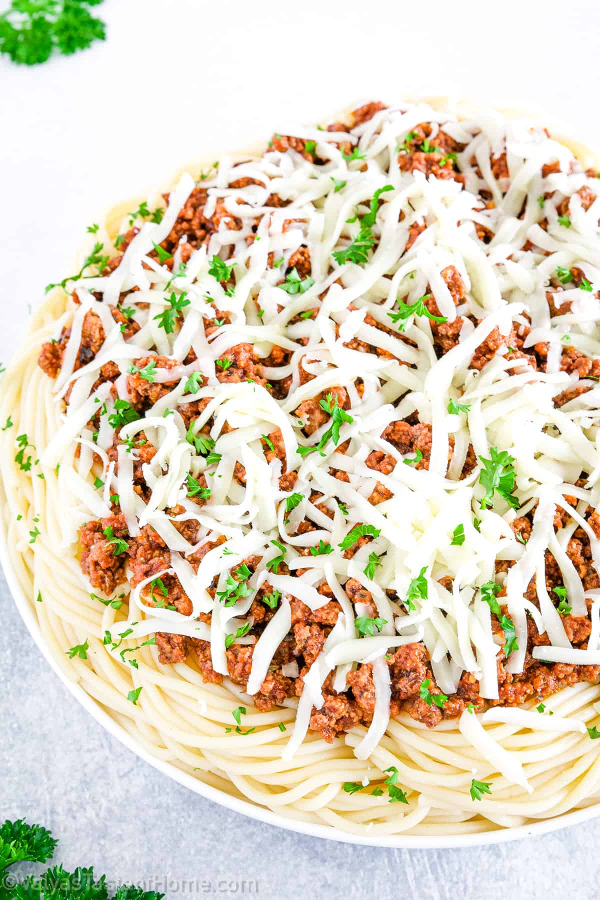 Pasta with meat sauce is a classic Italian dish that consists of cooked pasta topped with meat sauce and melted cheese.
