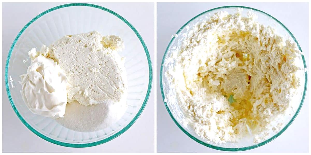Place the farmer's cheese, sour cream, sugar (or powder sugar), and a pinch of sea salt into a large bowl. Whisk using a hand mixer until well combined.