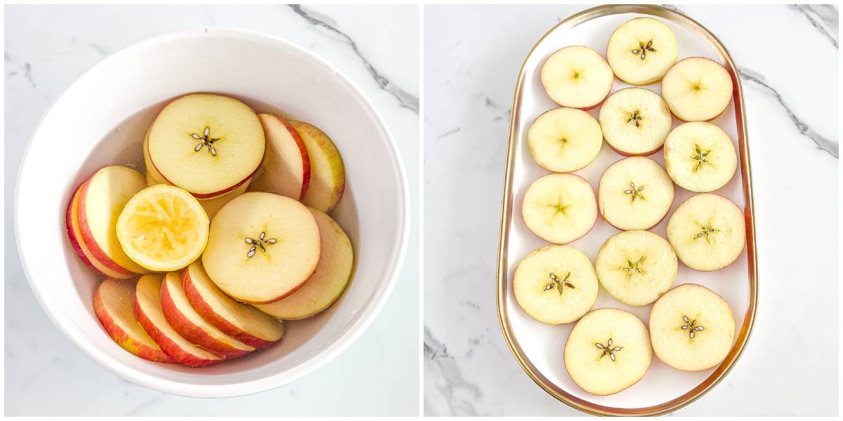 Once they're clean, use a knife to slice apples into ⅜ inch thick pieces. 