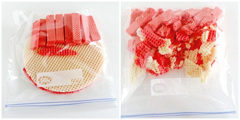 Next, place the white and strawberry wafers in a gallon-size Ziploc bag.