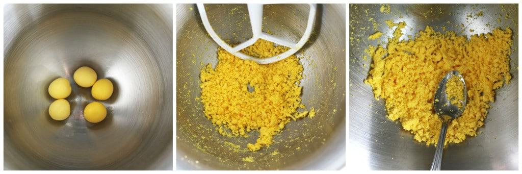 Remove the yolks from the hard-boiled eggs. Put them in a large mixing bowl and beat them with a paddle attachment. 