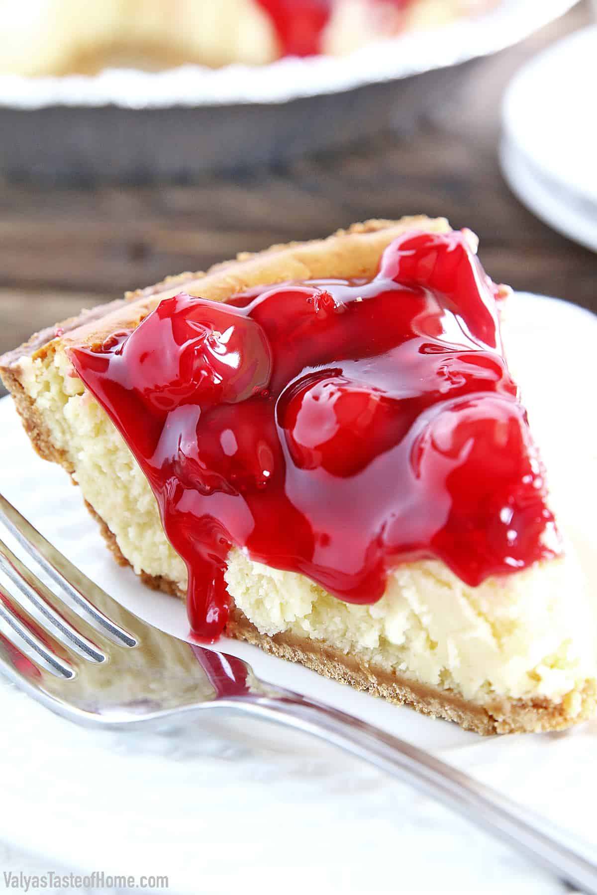 This Cherry Cheesecake is so easy to make and has a delicious original flavor that is hard to beat. It’s very smooth and creamy. A bit on the sweet side, but the slightly sour cherry topping perfectly complements that sweetness that is irresistible.