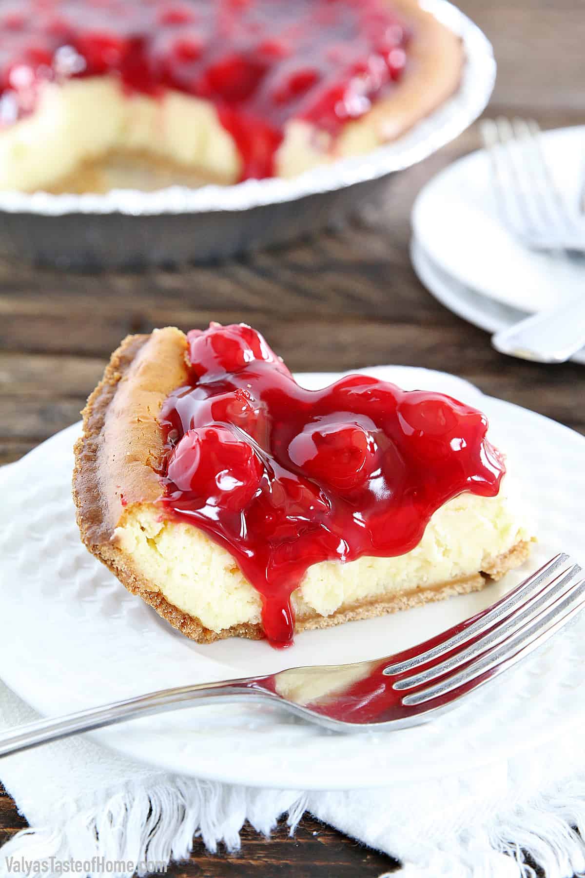 This Cherry Cheesecake is so easy to make and has a delicious original flavor that is hard to beat. It’s very smooth and creamy. A bit on the sweet side, but the slightly sour cherry topping perfectly complements that sweetness that is irresistible.