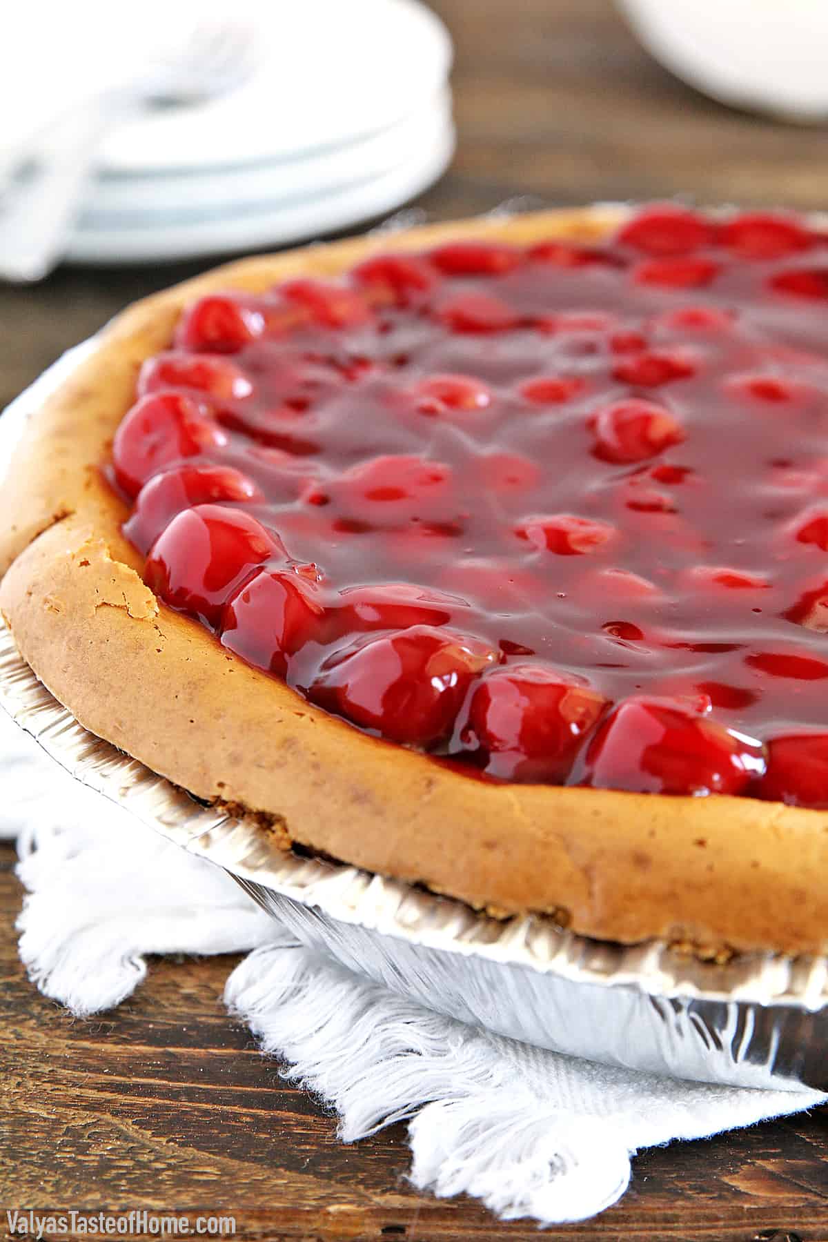 This Cherry Cheesecake is so easy to make and has a delicious original flavor that is hard to beat. It’s very smooth and creamy. A bit on the sweet side, but the slightly sour cherry topping perfectly complements that sweetness that is irresistible.