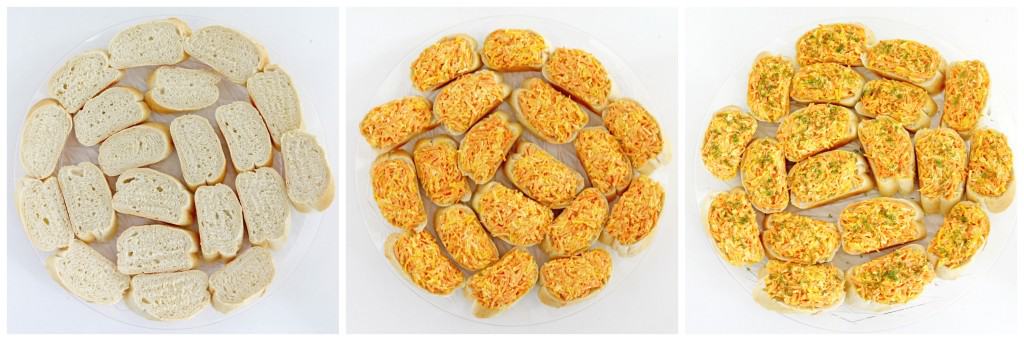 Slice the baguette and spread a heaping tbsp. of the carrot and cheese mix on each slice. 