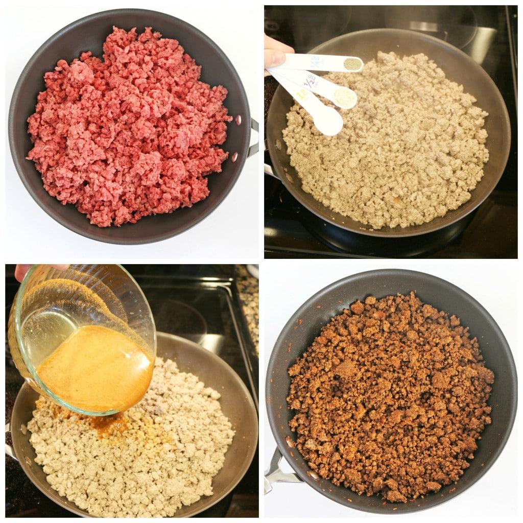 Brown meat at medium-high heat, mixing constantly.