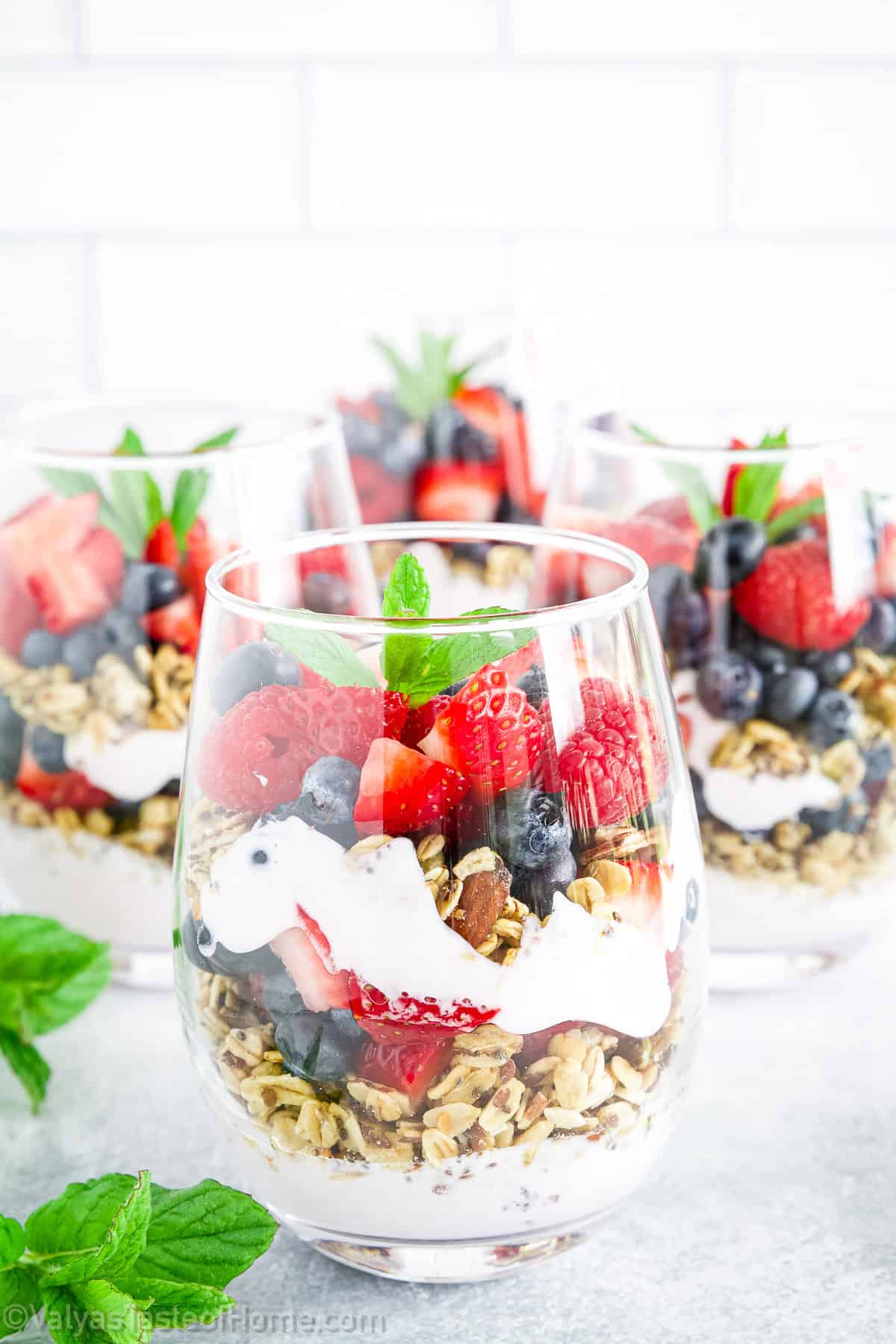 This yogurt granola parfait recipe is a quick, tasty, and satisfying meal with a balanced mix of carbs, protein, and fats.