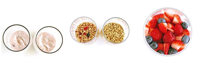 Start by placing half of the yogurt in the bottom of a tall glass or bowl. Next, add in ½ cup of granola, then top the granola with your fresh berries. You can use as many berries as you like, depending on your preference.