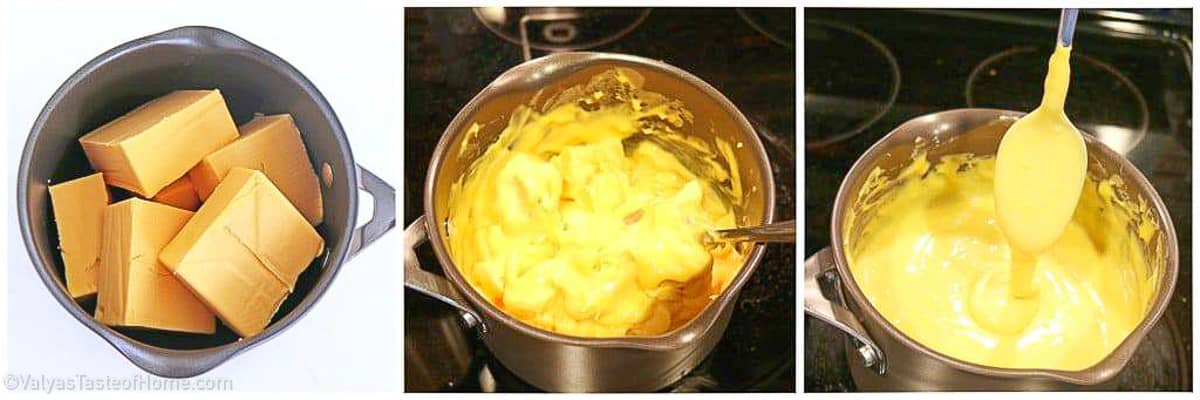Cut the melted cheese into smaller pieces and place them in a small pot.