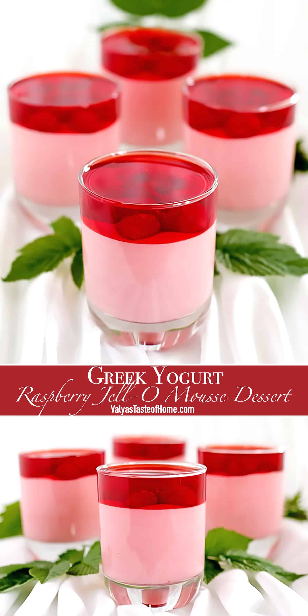 These delicious Greek Yogurt Raspberry Jell-O Mousse Dessert cups are very easy to put together but are a great mouth-pleaser. They can easily be made ahead of time and are very attractive on the dessert table.