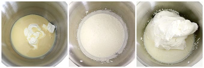Start by beating Greek yogurt with condensed milk for 30 seconds in a stand mixer or electric mixer.