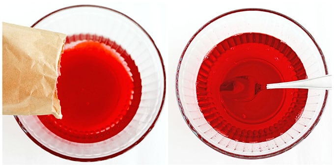 Start by adding one packet of Jell-O to 2 cups of boiling water.