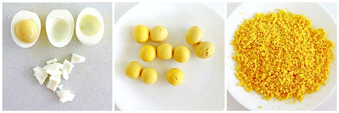 Shred cooked yolks onto a large plate, cover with plastic food wrap, and place both into the fridge until ready for use.