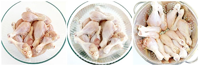 After soaking, rinse the drumsticks and place them in a strainer to drain the excess water.