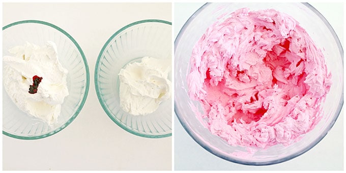 In a separate bowl, add pink food coloring to the remaining cream to achieve your desired shade.
