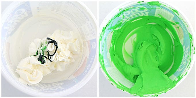 Mix a tad of green food coloring paste into the remaining white cream. 