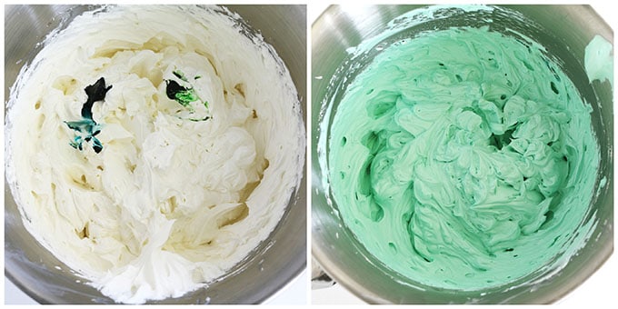 Then add ⅛ tsp. of leaf green, 1/16 tsp. of teal coloring gel, and about 4 drops of spearmint natural oil. In case you’re using spearmint extract instead of the natural oil, you may need more drops.